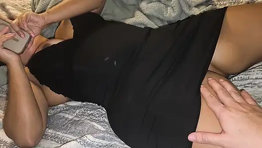 Stepmom chats with her ex while she gets penetrated