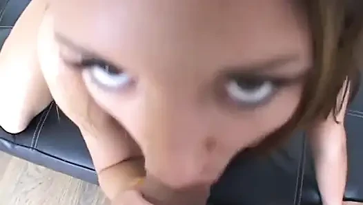 Brunette sucks and gets an anal creampie