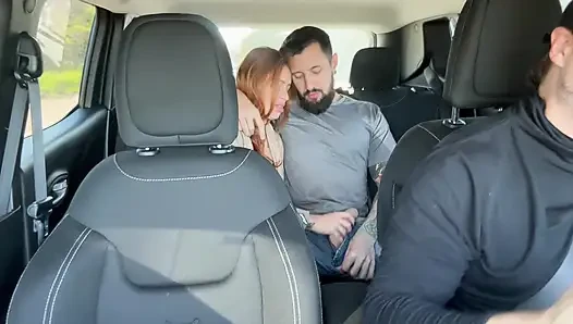 Couple Fucks in Uber Car During Traffic - Redhead Swallows Cum and Lets It Drip Out of Mouth