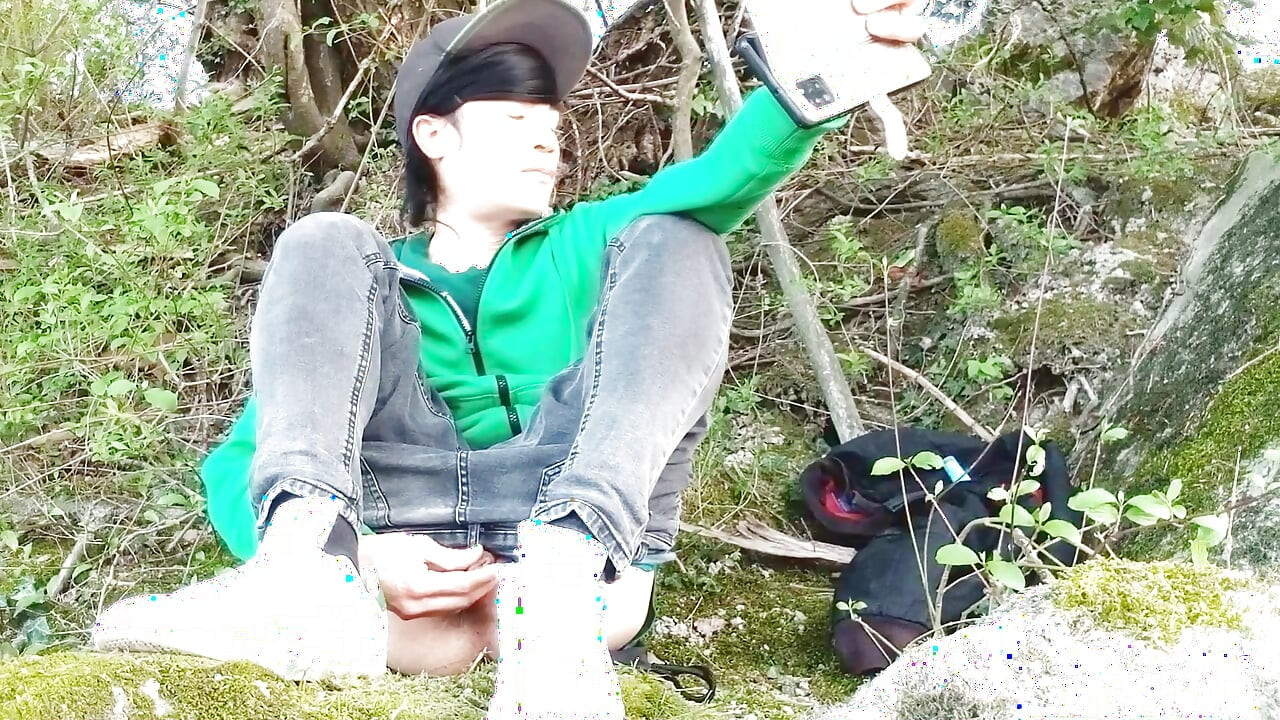 Risky masturbation outdoors a man's voice caught this cute gay twink with his balls hanging out, jerking off his uncut foreskin