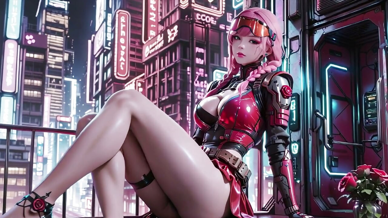 핑크 머리 메크 워리어! 네온 거리에 무릎 꿇고, 붉은 장미와 차가운 갑옷의 대비, 손가락으로 쇄골을 더듬는 장면.