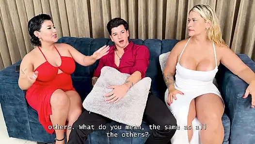 Stepmom shows horny stepdaugther how to ride a big dick , MILF rides and begs for cum