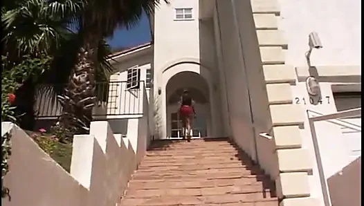 Stunning ebony model with huge bristols takes cock in doggy style on the stairs