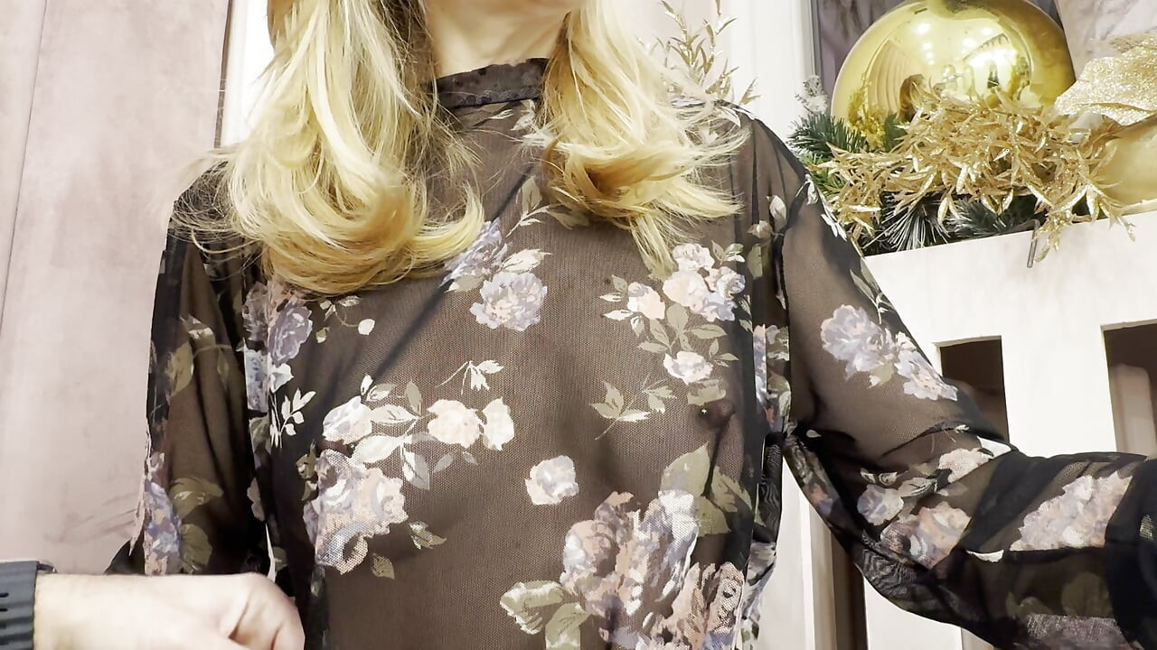 Trying my new sheer blouse in a caffe, showing my hard pierced nipples in public.