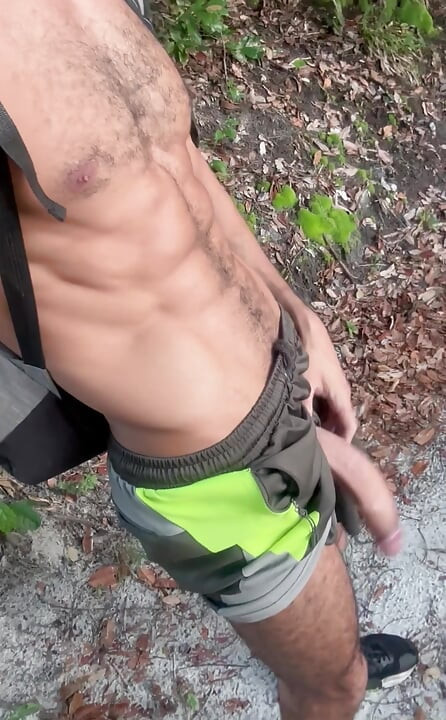 Hairy dad with a huge dick showing off on the trail