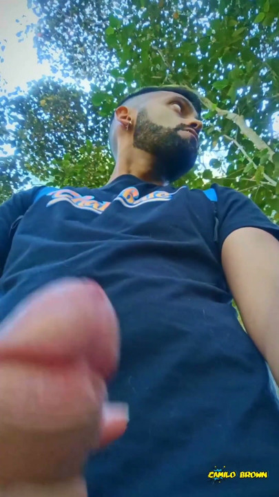 Big uncut cock latino jerking outdoors in the woods and eating his tasty cum careful not to get caught | Clip 1