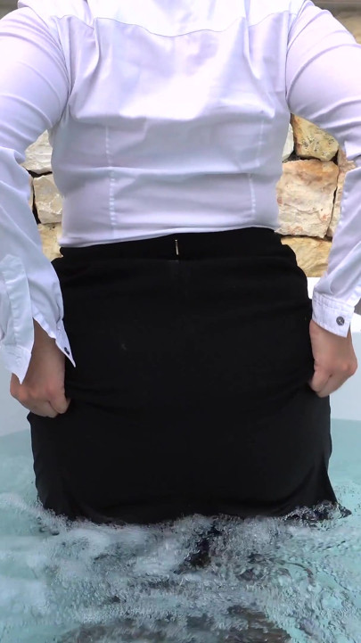 Pool party with secretary in stockings