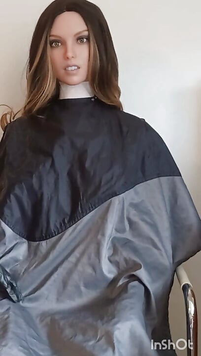 Colorful nylon hairdressing capes fetish modeling with Lauren