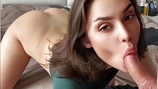 Hot model gives a blowjob and gets a load on a pretty face (Dirty talk)