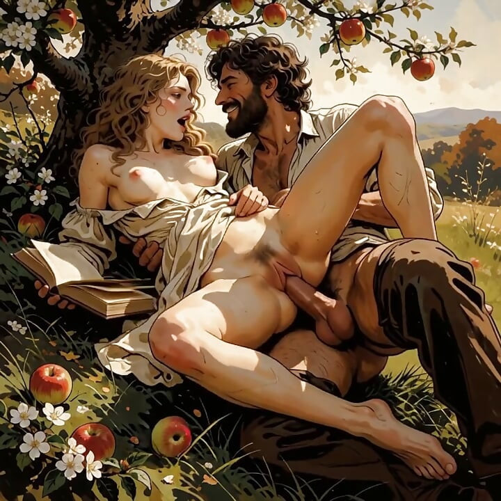 She Kept Reading Under the Apple Tree While He Finished What the Book Started (AI generated).