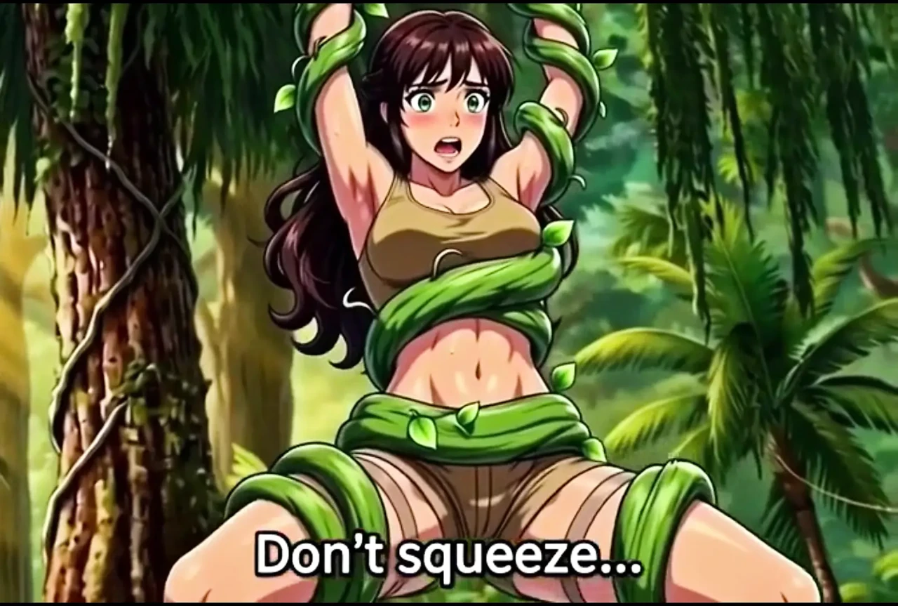 Explorer girl bound in teasing vines that give her  Bound in teasing vines that  intimate pleasure