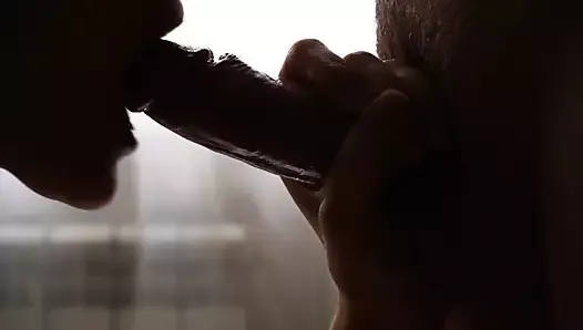 Blowjob and gentle frictions closeup. Cum on pussy