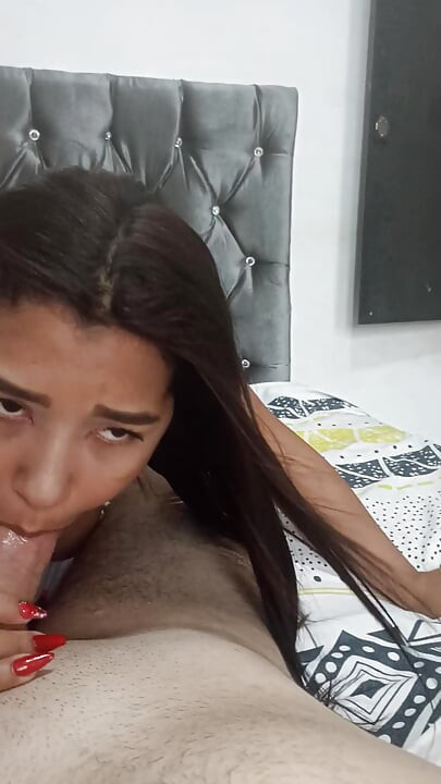 I put my whole big cock in her mouth and she asks for cum inside her mouth, she