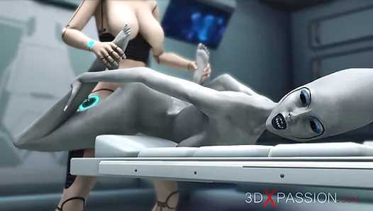 Sexy sci-fi female android fucks an alien in space station