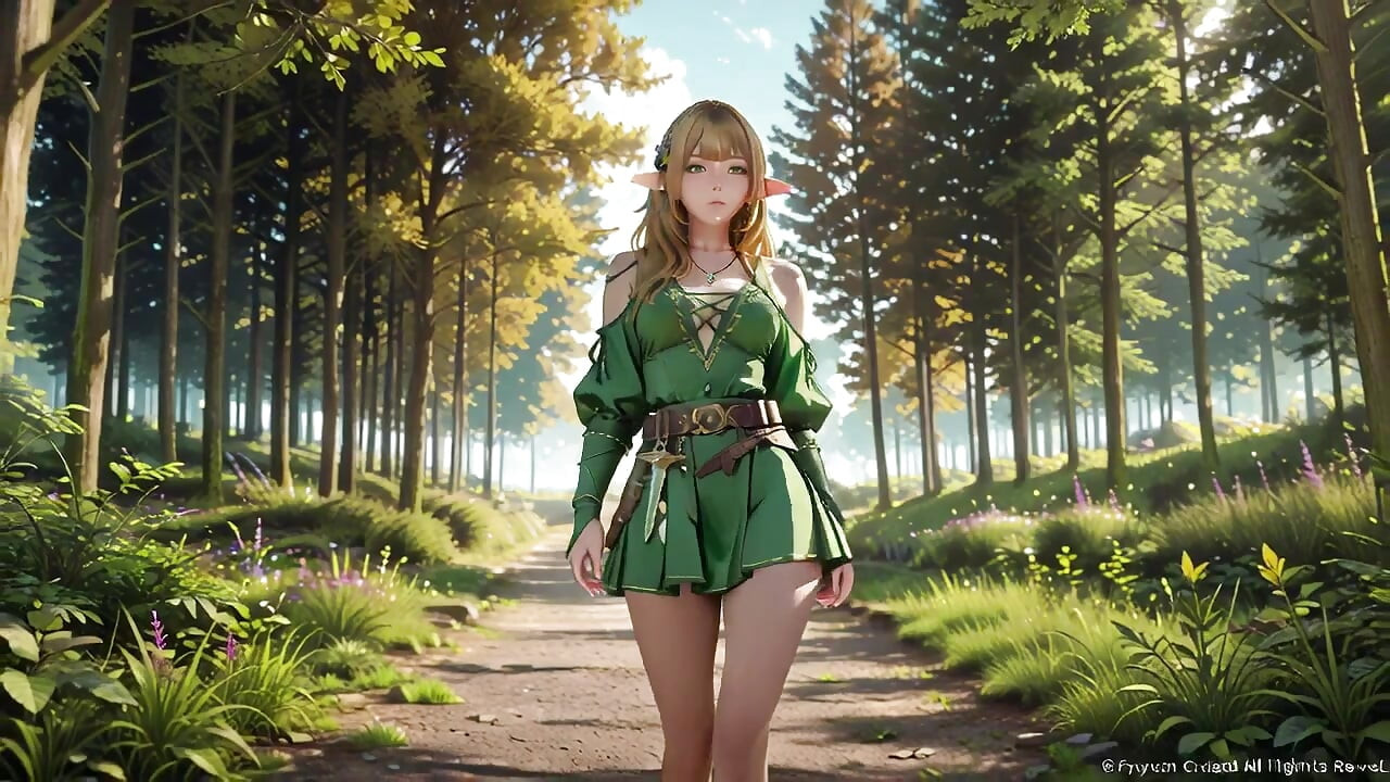 Peri hijau di hutan rahasia! Menatap berlutut di bawah sinar matahari yang dibelai, menggoda dengan ujung jari menyentuh bibirnya.