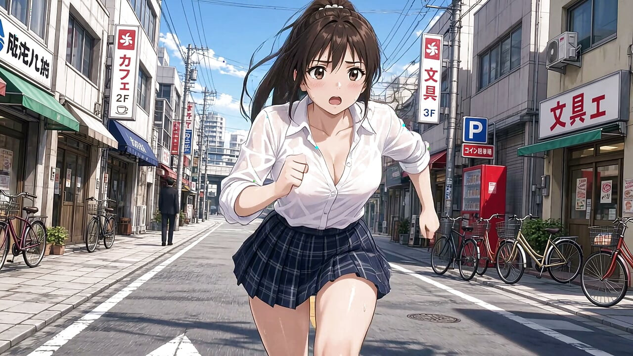 Running down a bustling street, exposing her huge breasts beneath her clothes