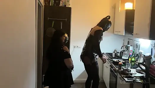 Dominant MILF Stretches Latex Sub's Ass Wide in Kitchen