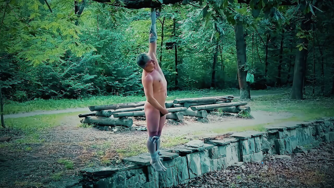 Suspended and Tied Naked Guy Whipped until Orgasm in the Park