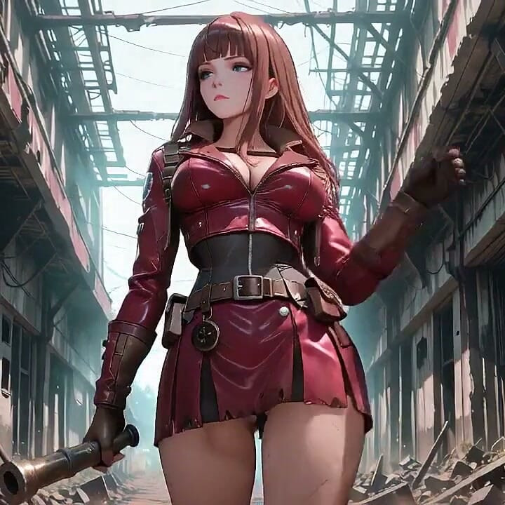 Tight Leather Suit Hugging Her Perfect Hips. She Lounges on the Broken Train Car, Hand Stroking Armor, Eyes Hazy yet Fierce.