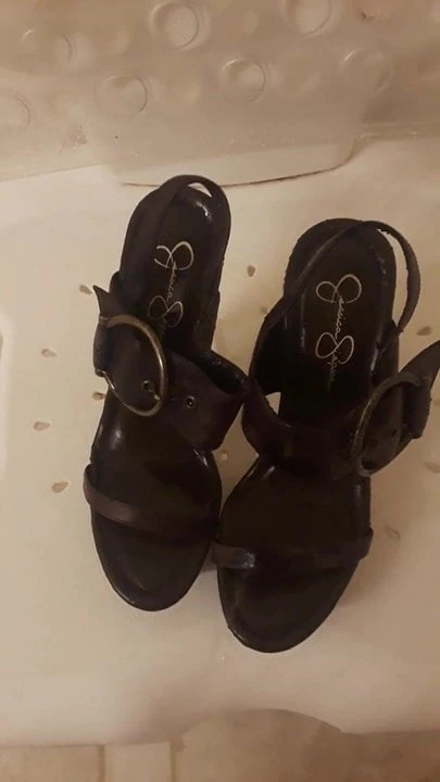 requested to piss her new heeled sandals
