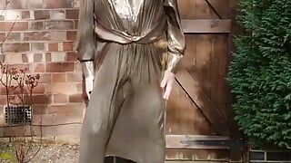 Hot crossdresser in gold metallic dress