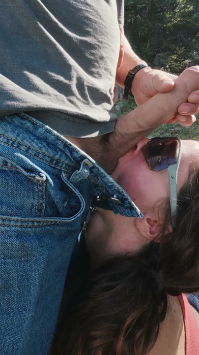 pale brunette got caught while tries deepthroat with strangers in public | Clip 1