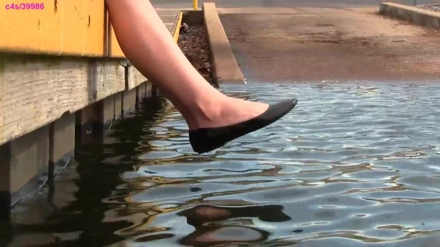Crystal's black ballet flats, shoeplay, barefoot, muddy