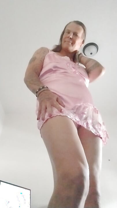 Shemale pink lace trans girl cock stroking