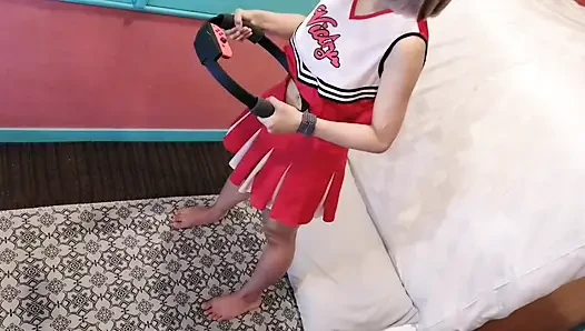 A cute, busty married woman does exercise 3 in a sexy cheerleader costume. Peeking down from above. Home made amateur Private Shoot