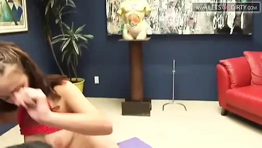 Skinny babe enjoys a deep throat blowjob to a mouth cumshot