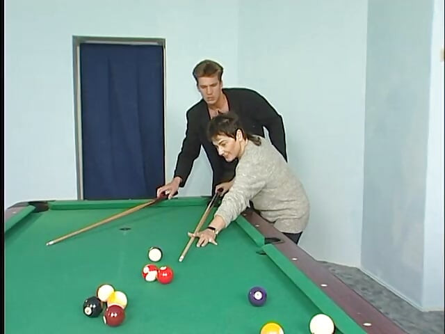 Stockinged mature slut fucked hard after pool stick drills her cooch