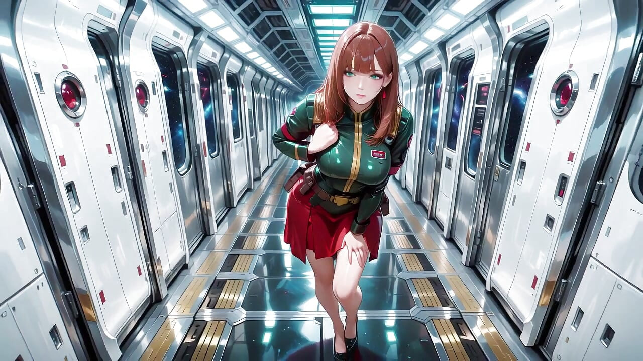Inside the Sci-Fi Train, she wears a tight green armor, touching her red lips while gazing at the galaxy through the porthole.