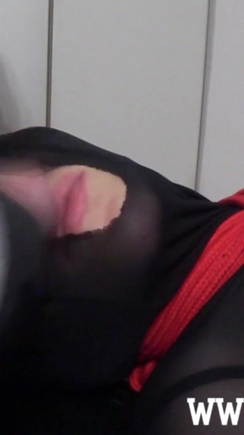 Spectacular moment from "Amateur Bondage: Tied up nylon slut facefucked and jerked on"