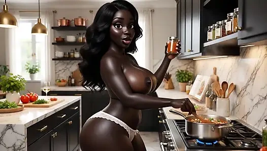 Сногсшибательная фигуристая чернокожая зрелая милфа чувственно убирает ее роскошный современный дом, носить только крошечные белые трусики