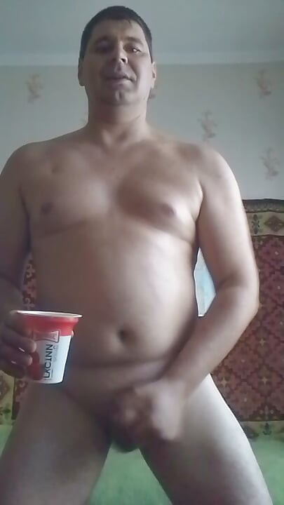 My dinner. Eating my own cum sperm strawberry yogurt and slice of Napoleon cake. IgorDickCum and huge cum.