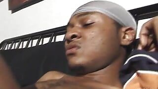 Black Twink Blows and Rides a Tattooed Guy with Huge Cock on the Sofa