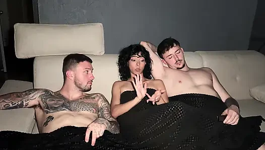 Hot Slim Latina Rides & Sucks Two Thick Dicks on Couch - Passionate Dvp Ending in Messy Facials