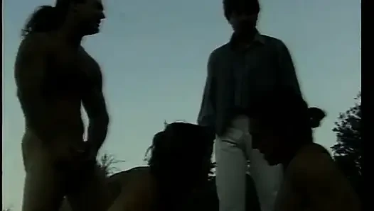 Hot brunette gets her ass drilled during hardcore gang bang outdoors