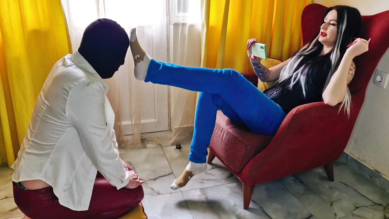 After a long walk in sneakers, my feet are sweaty. It's time for a foot massage from my submissive.