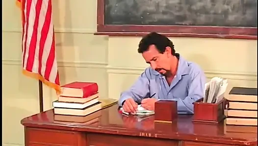 Hot ass chick on desk gets cum in mouth after hot fucking from teacher dude