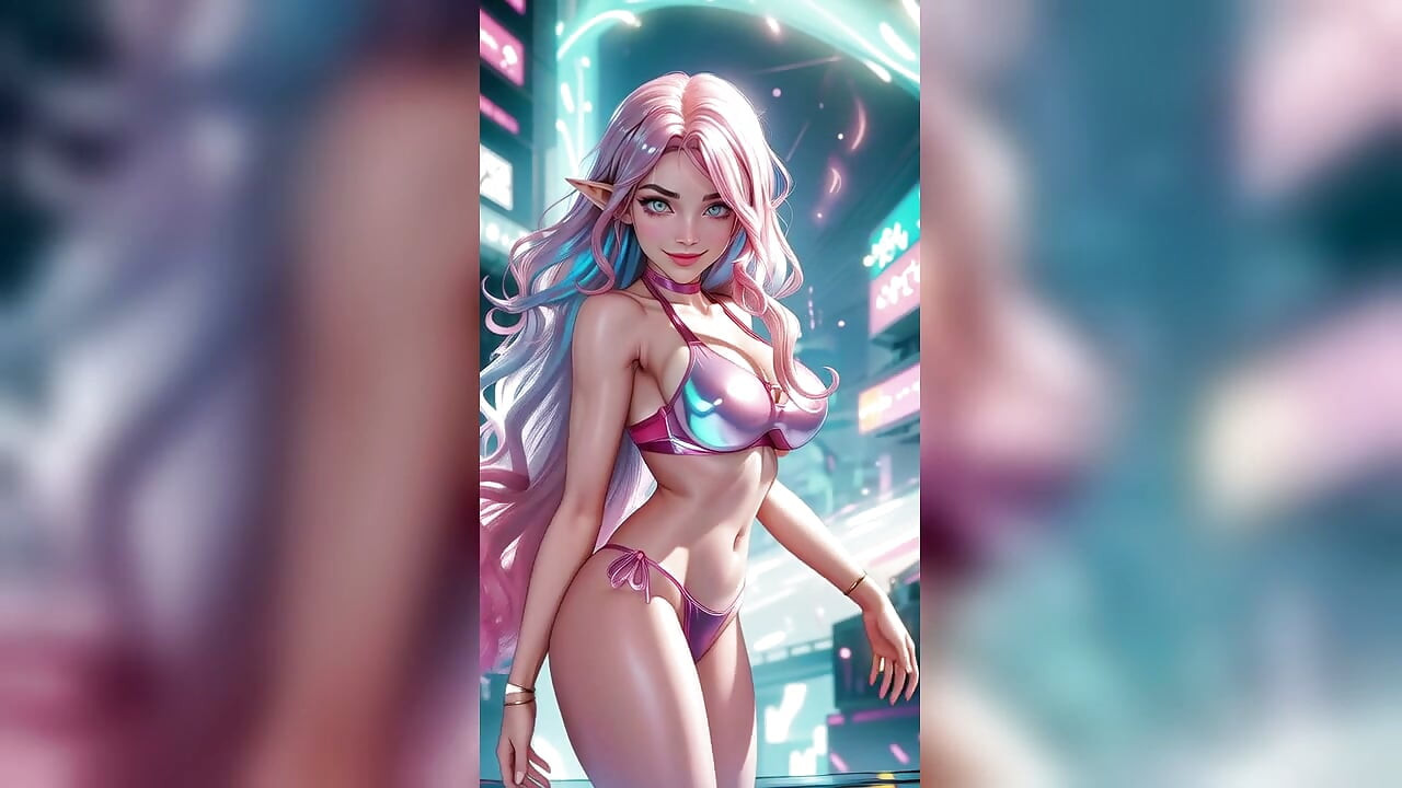 Pink Hair Elf Silver Bikini Neon City Dance - Sexy AI Babes
