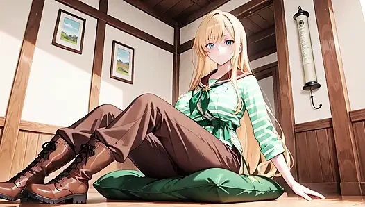 She sips beer while fixing her apron, revealing creamy cleavage.
