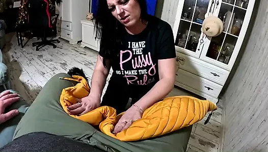 Shiny Yellow Downjacket BJ - Pussy Rules Shirt and Double Cum on My Clothes