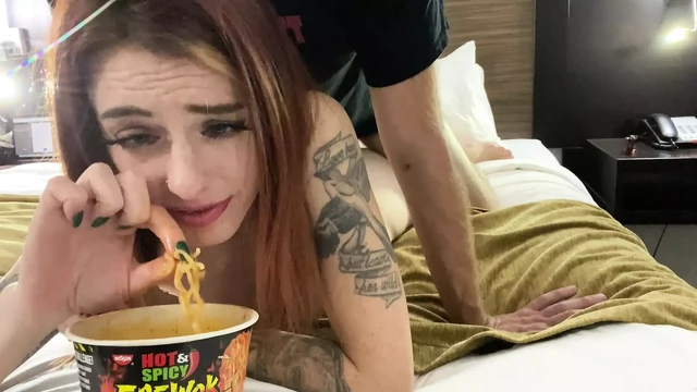 Spicy noodle challenge with blowjob and fuck from behind closeup