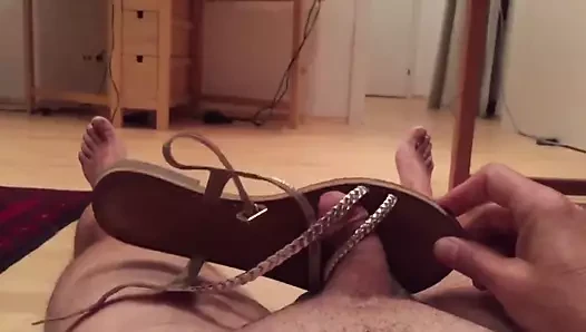 Cumming in my wife shoes while she is fucked in the bedroom