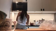Hidden Camera Voyeur, No Panties Amateur Brunette in Kitchen