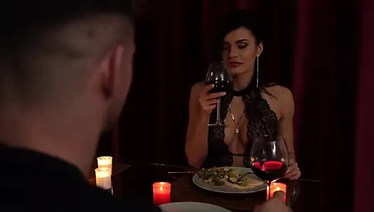 Brunette Girl with Fake Tits Gets Meaty Gift for Having Fun