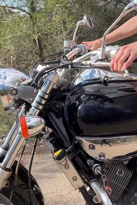 Fun with the Vibrations of My Bike, with Licking Belly Butto