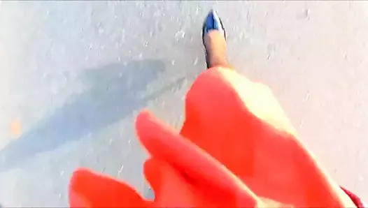 POV Walking in a flared orange skirt and heels