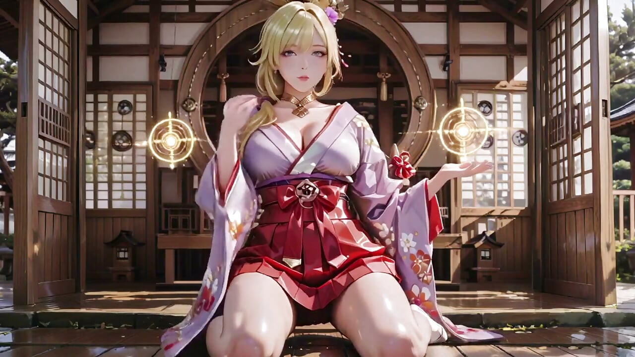 Blonde Goddess in the Japanese Corridor, Lazy Gazes, Hand on Hips, Sunlight Drenching Her Skin